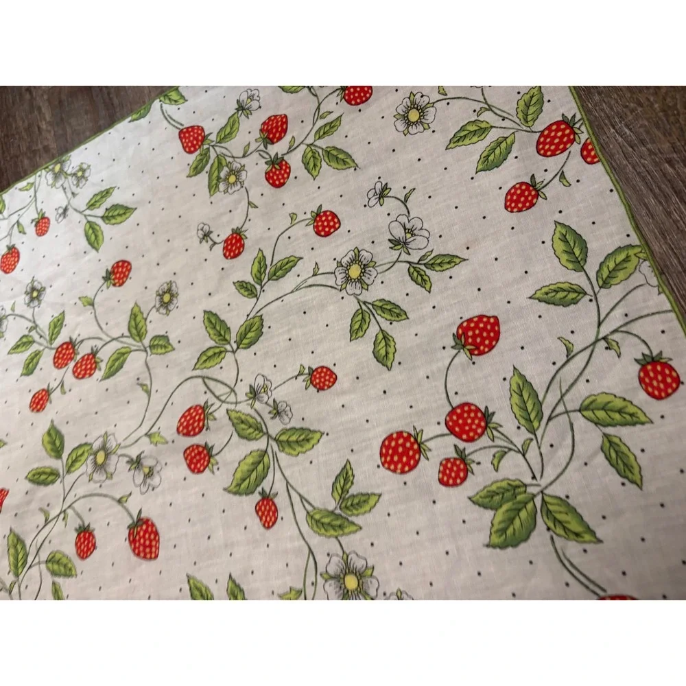 Vintage Strawberry Print Handkerchief White Green Cotton Scarf 15 Inch Square